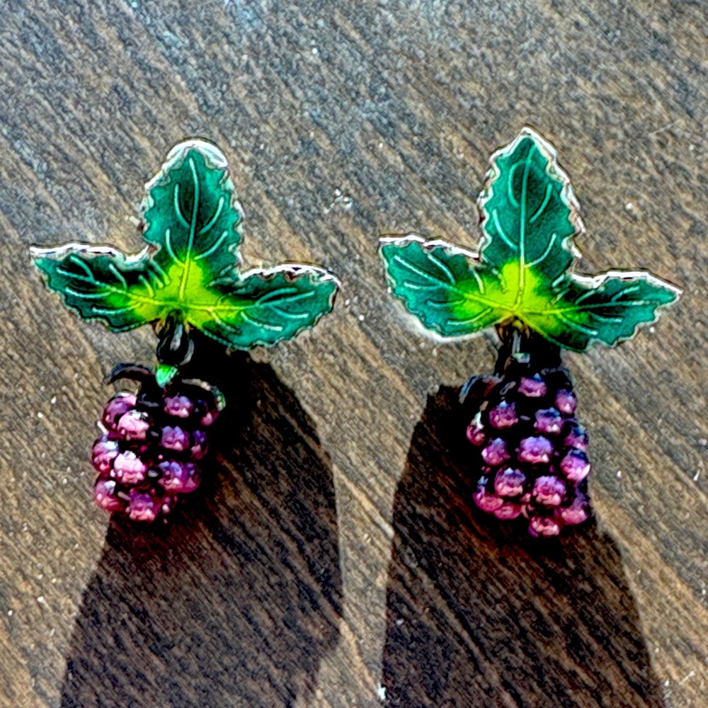 Grape Cluster Earrings with Green Leaves